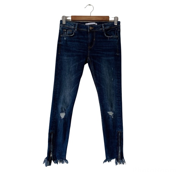 Zara Trafaluc Denimwear Distressed Ankle Zip Skinny Jeans Raw Frayed Hem Jeans